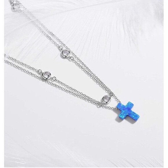 Sterling Silver Double Layer Opal Cross Necklace Bezel Set CZ Crystals Turkey - Picture 1 of 14